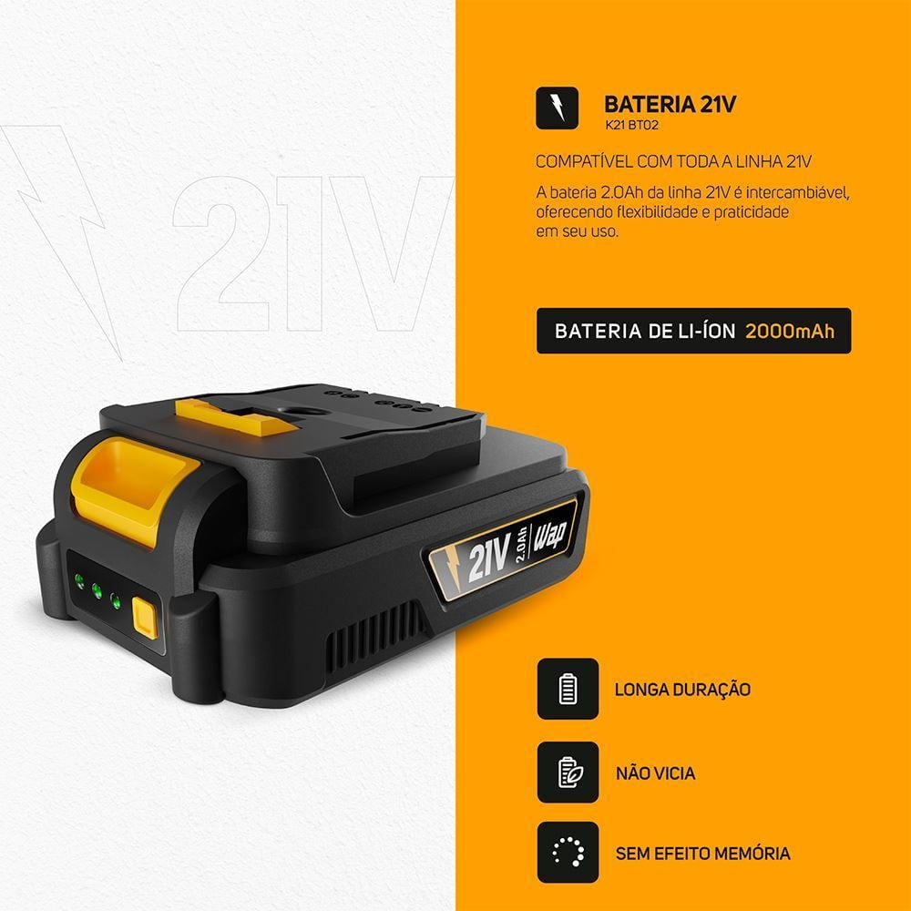 Parafusadeira E Furadeira Com Impacto Wap 1/2" Bateria 21V K21id03 - Bivolt