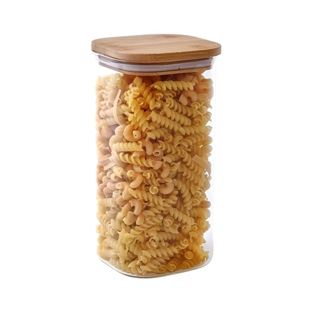 Pote de Vidro Quadrado com Tampa de Bambu Havan Casa 1,5L - Transparente e Bege Natural