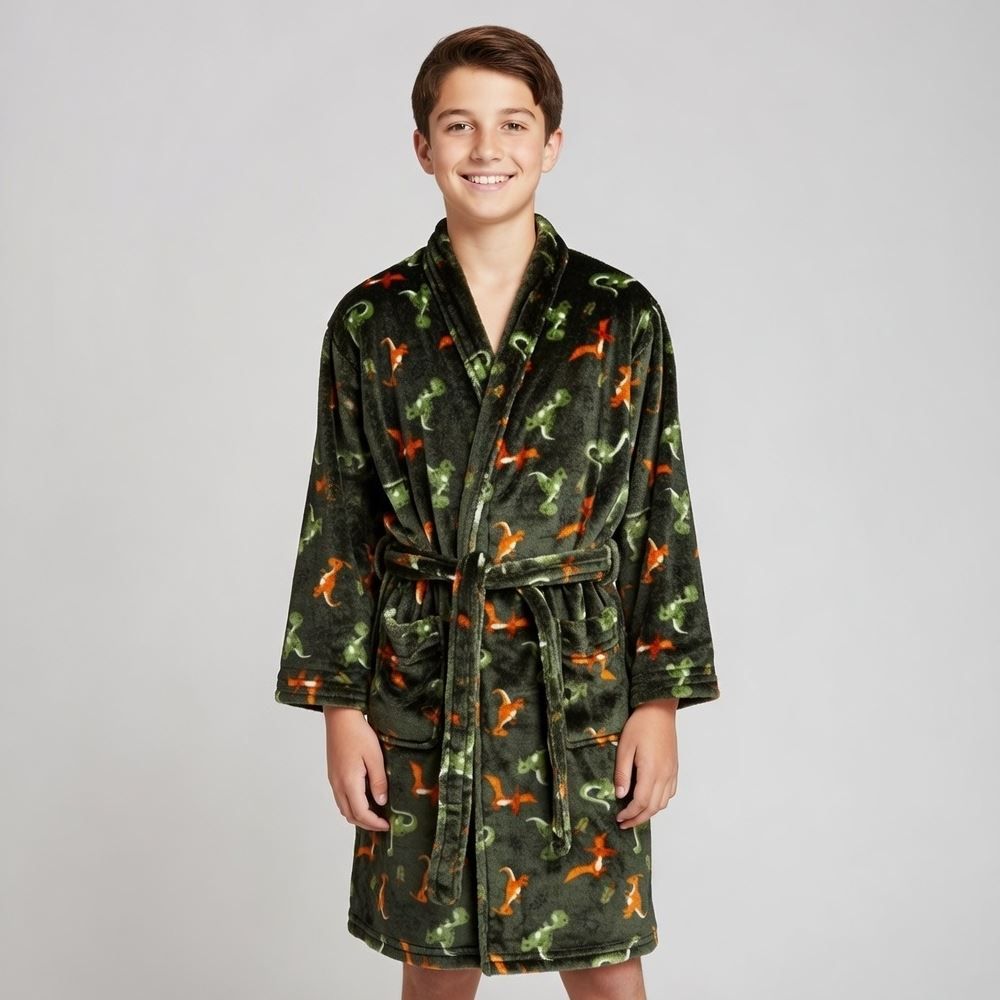 Roupão Infantil G Microfibra Lumini Havan Kids - Dinossauro Verde