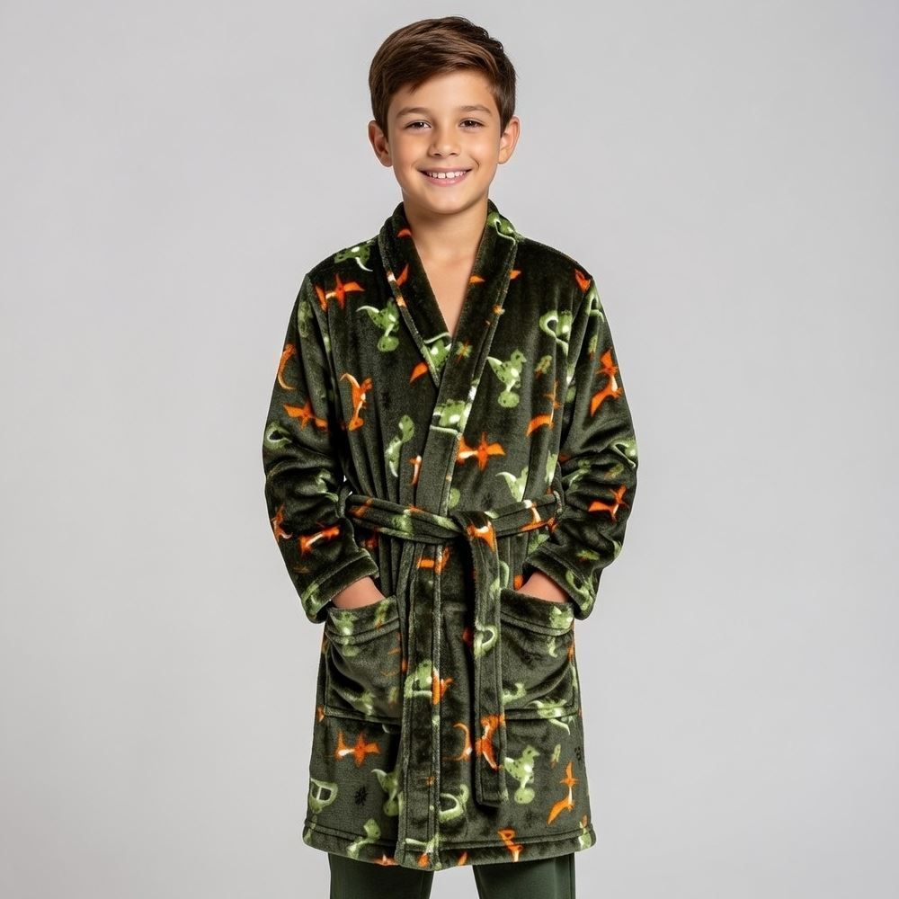 Roupão Infantil m Microfibra Lumini Havan Kids - Dinossauro Verde