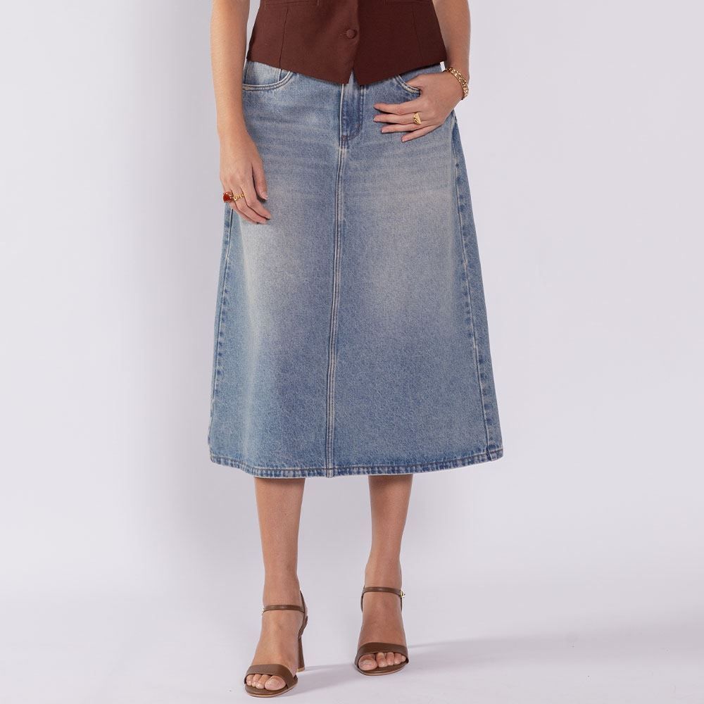 Saia Jeans Feminina Midi Evasê Boby Blues