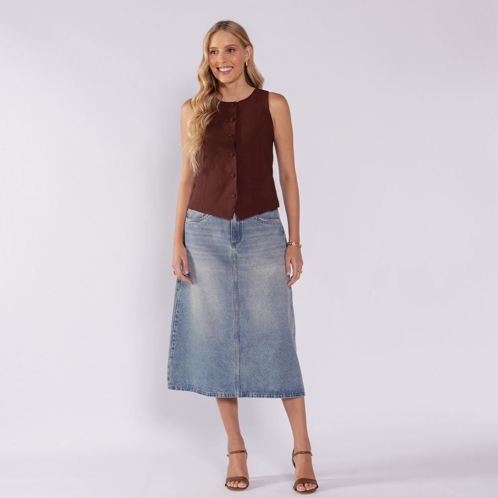 Saia Jeans Feminina Midi Evasê Boby Blues