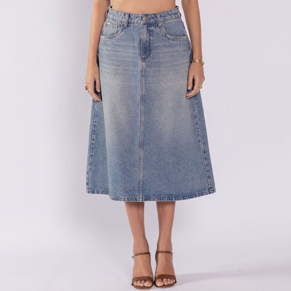 Saia Jeans Feminina Midi Evasê Boby Blues