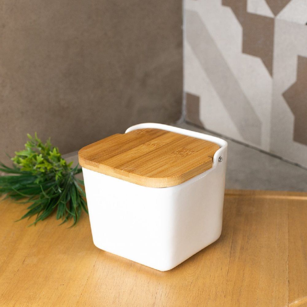 Saleiro De Cerâmica Com Tampa De Bambu Lyor 750 Ml - Branco