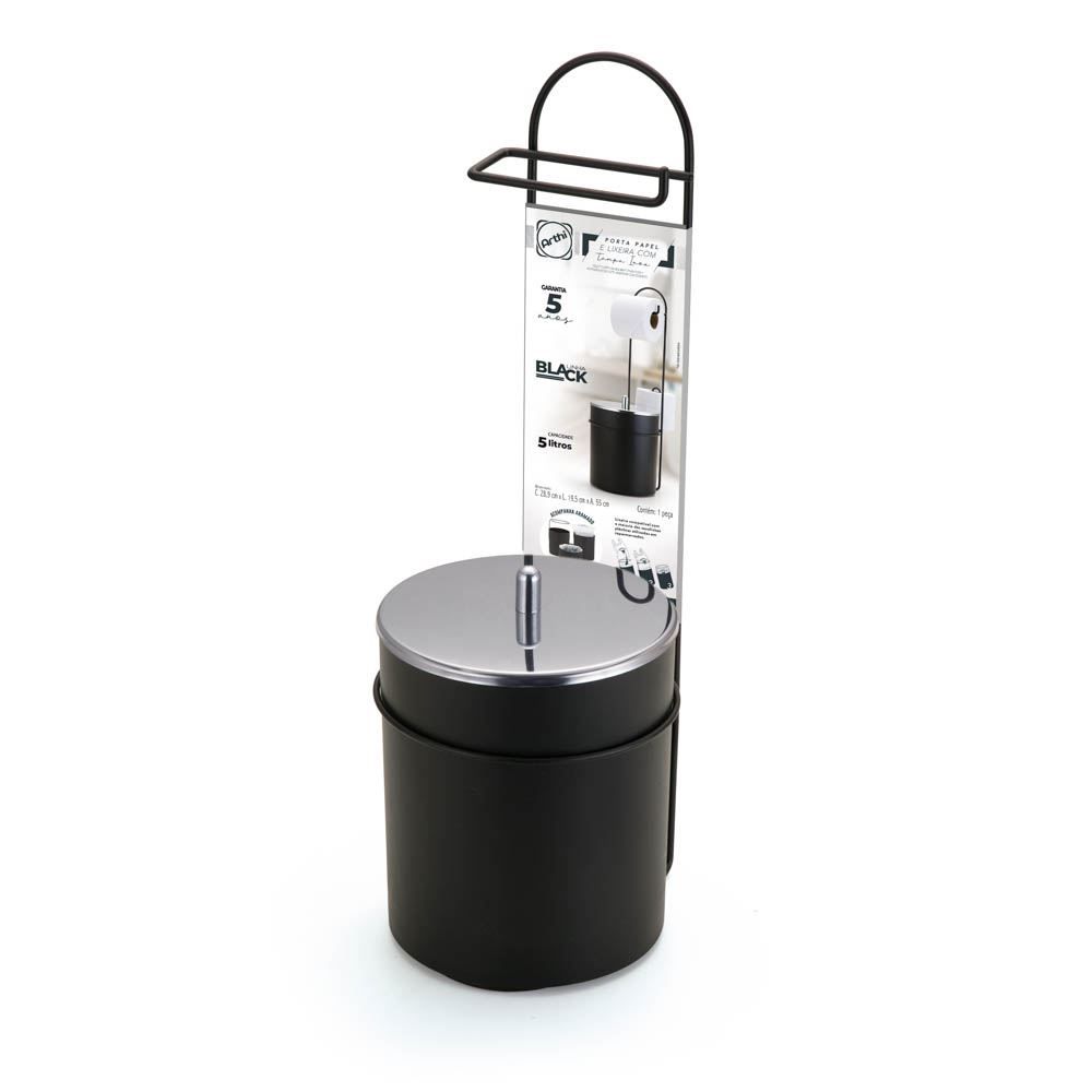 Suporte Porta Papel Higiênico De Chão Com Lixeira Black Arthi - Black