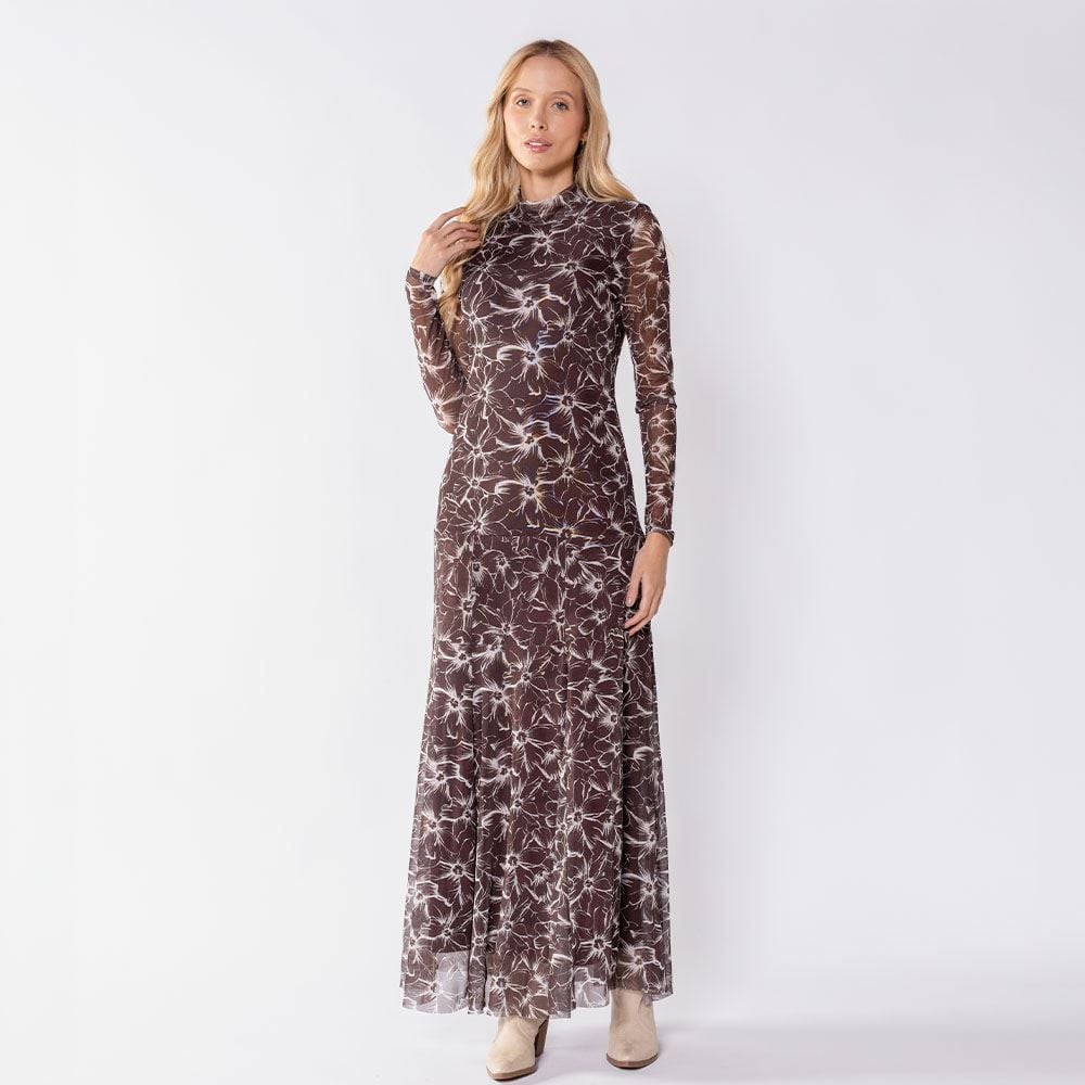 Vestido Longo Feminino Em Tule Floral Manga Longa Patricia Foster