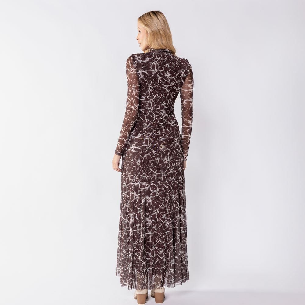 Vestido Longo Feminino Em Tule Floral Manga Longa Patricia Foster