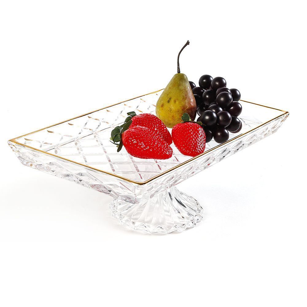 Bandeja Com Pé Diamond Com Filete Dourado Lyor 34,5Cm - Cristal 