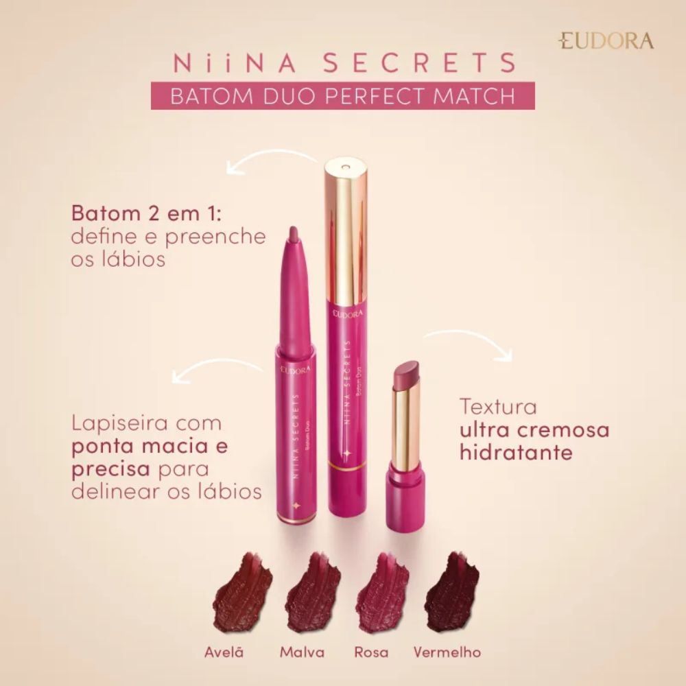 Batom Duo Perfect Match Rosa Niina Secrets - Eudora