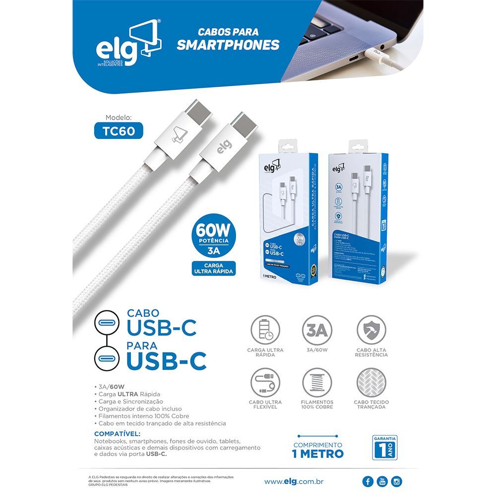 Cabo Usb Tipo-C P/ Tipo-C 60W  Elg Branco 1 Metro