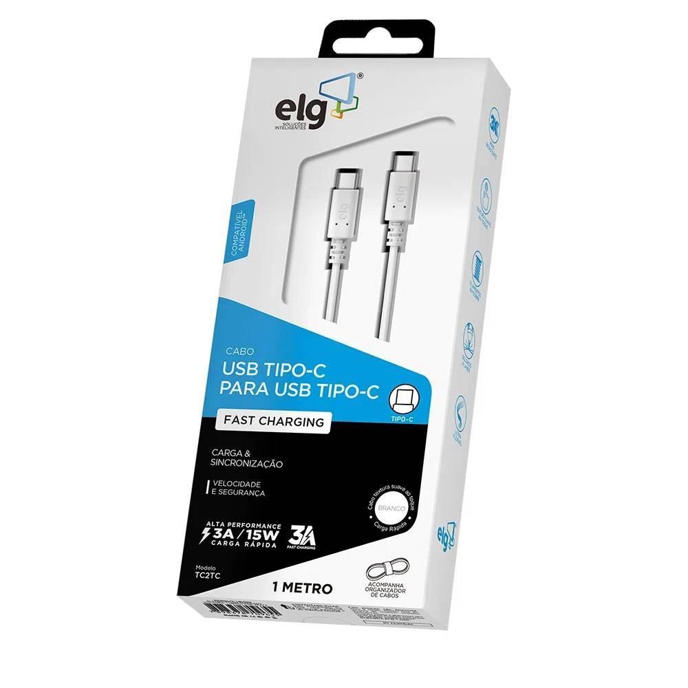 Cabo Usb Tipo-C Reversível Elg Para Recarga Sincronização 1M Tc2tc - Branco