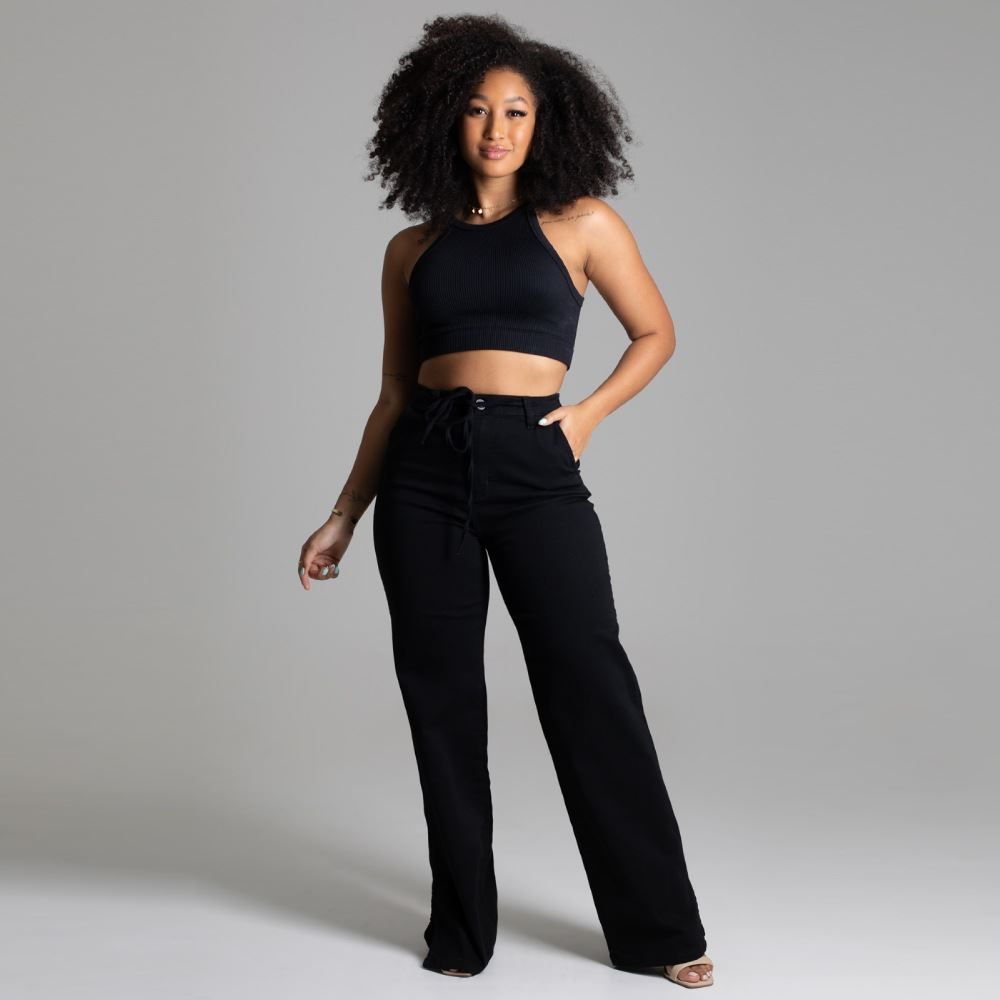 Calça Feminina Wide Leg  De Sarja Sawary