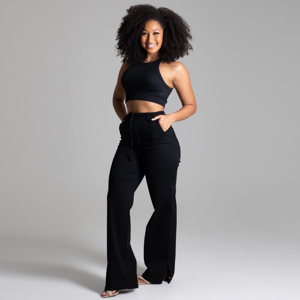 Calça Feminina Wide Leg  De Sarja Sawary