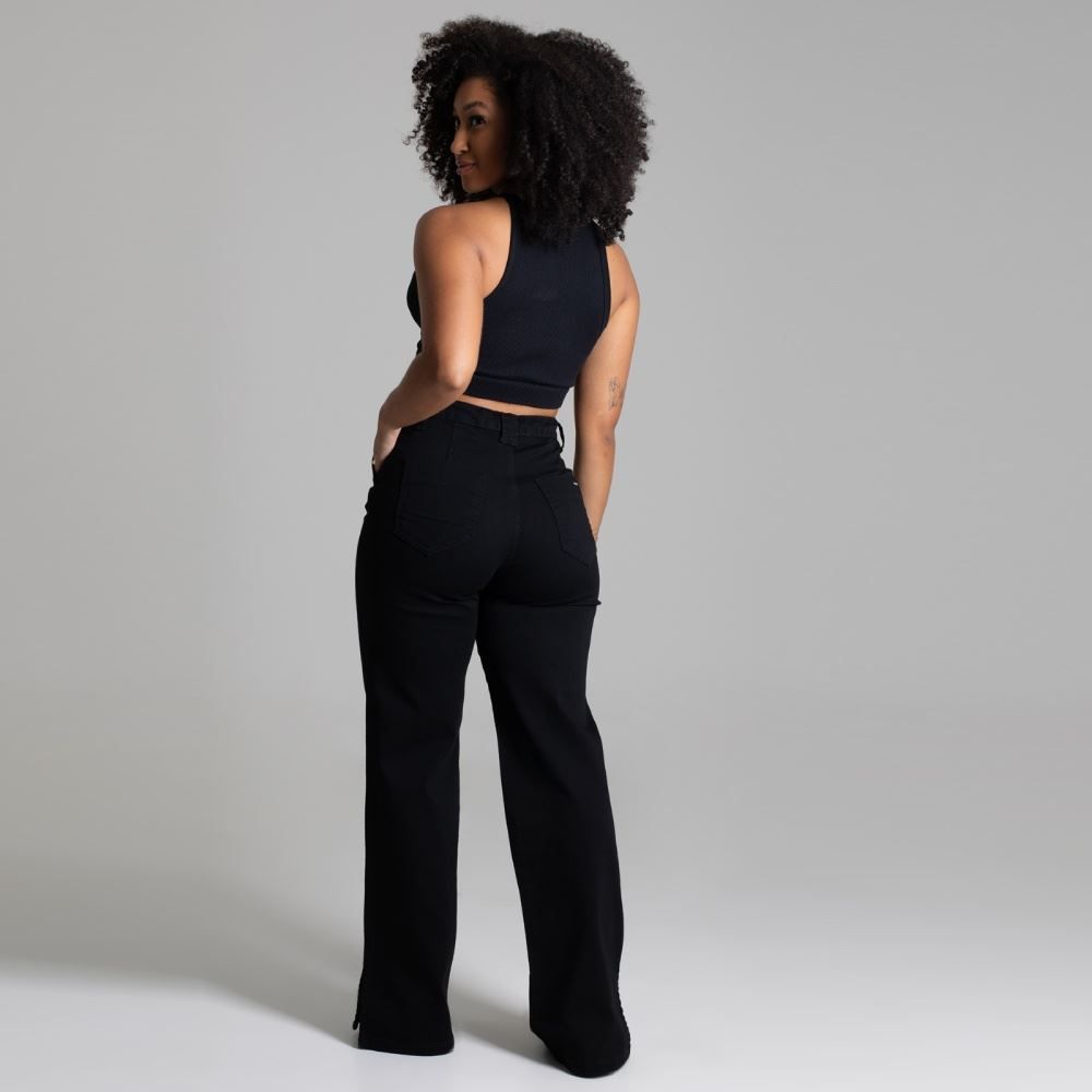 Calça Feminina Wide Leg De Sarja Preta Sawary