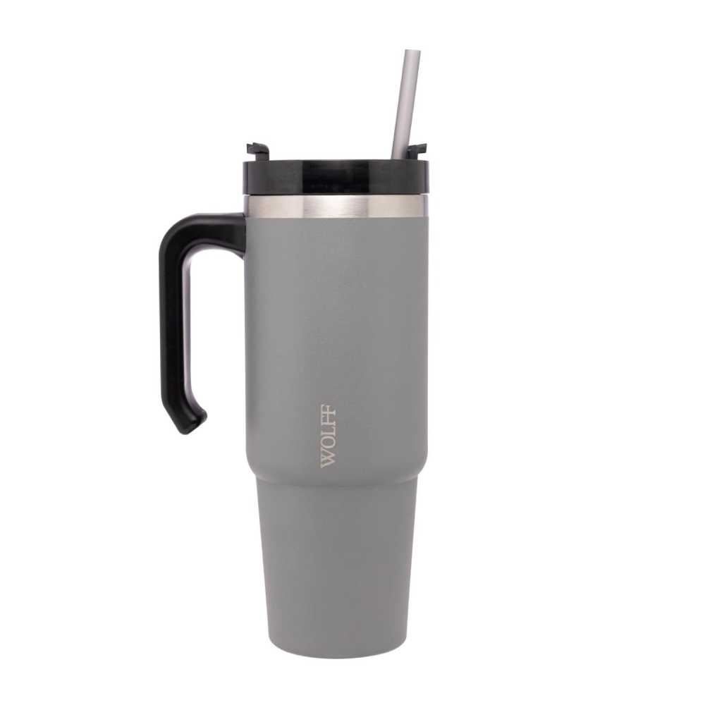Caneca Térmica Slim Com Canudo Wolff 890Ml - Cinza