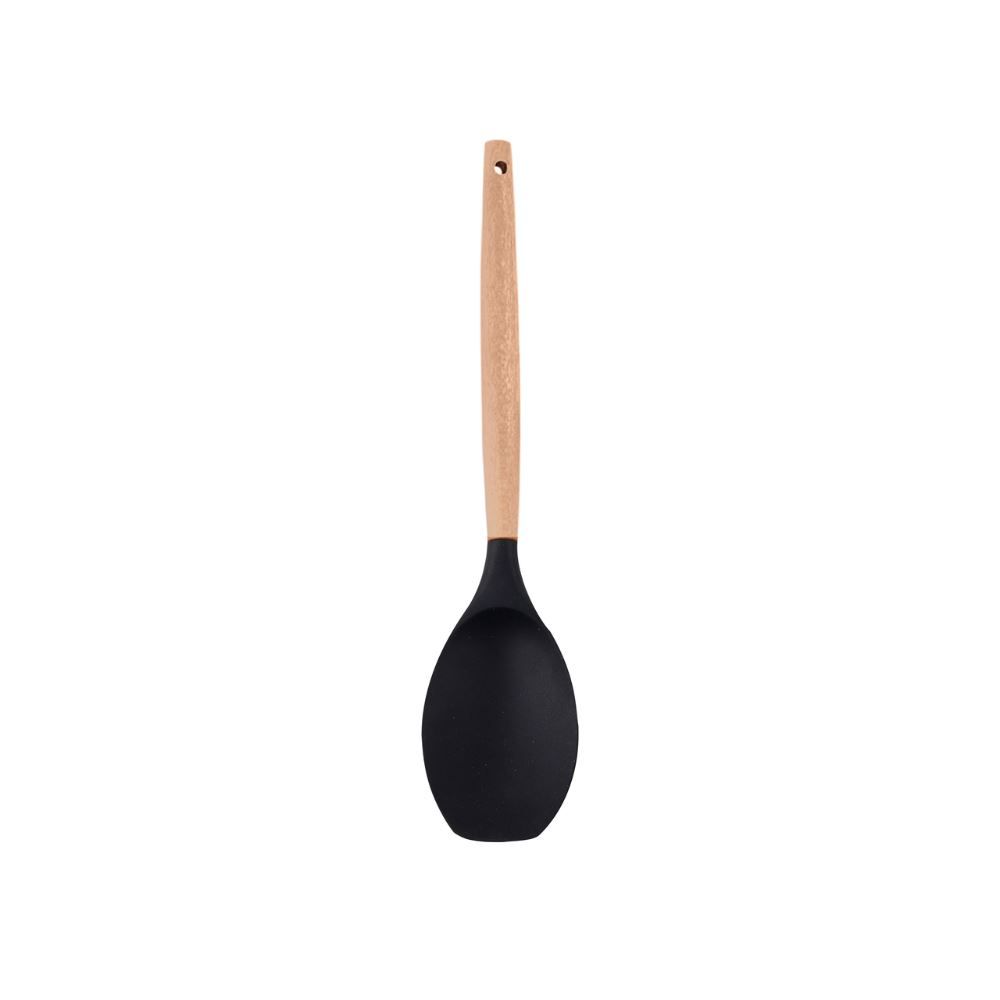 Colher De Silicone Com Cabo De Madeira 31,5Cm - Preto