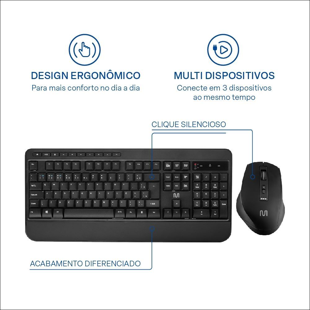 Combo Teclado Mouse Sem Fio L Multi  Bluetooth 3200Dpi Apoio De Pulso
