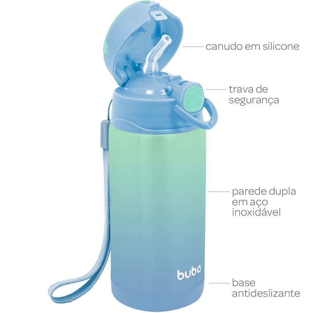 Copo Térmico 400Ml Parede Dupla Com Canudo Degrade Buba - Azul