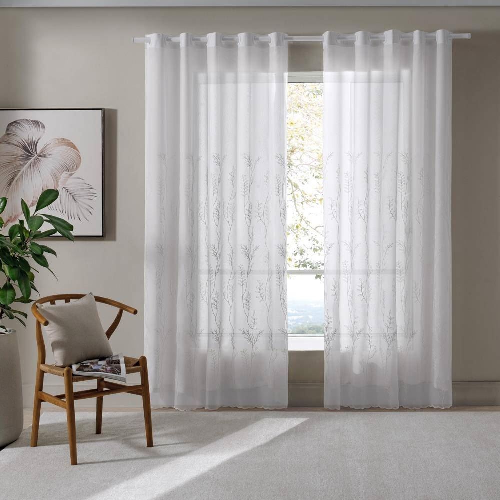 Cortina Duplex Firenze Para Quarto Ou Sala 4,20X2,50 M Bordada Havan Casa - Branco Folhas