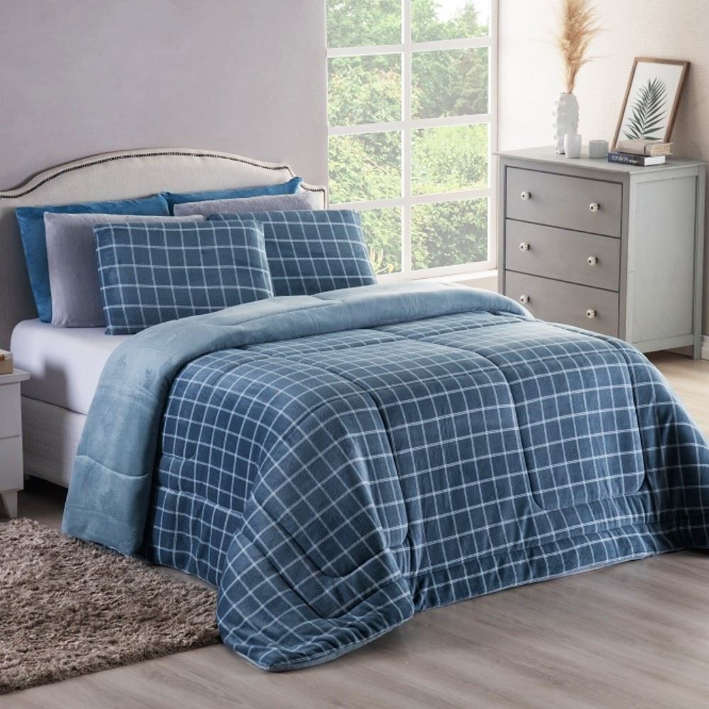 Edredom Queen 100% Poliéster Provence Plush Havan Casa - Grid Verde Azul