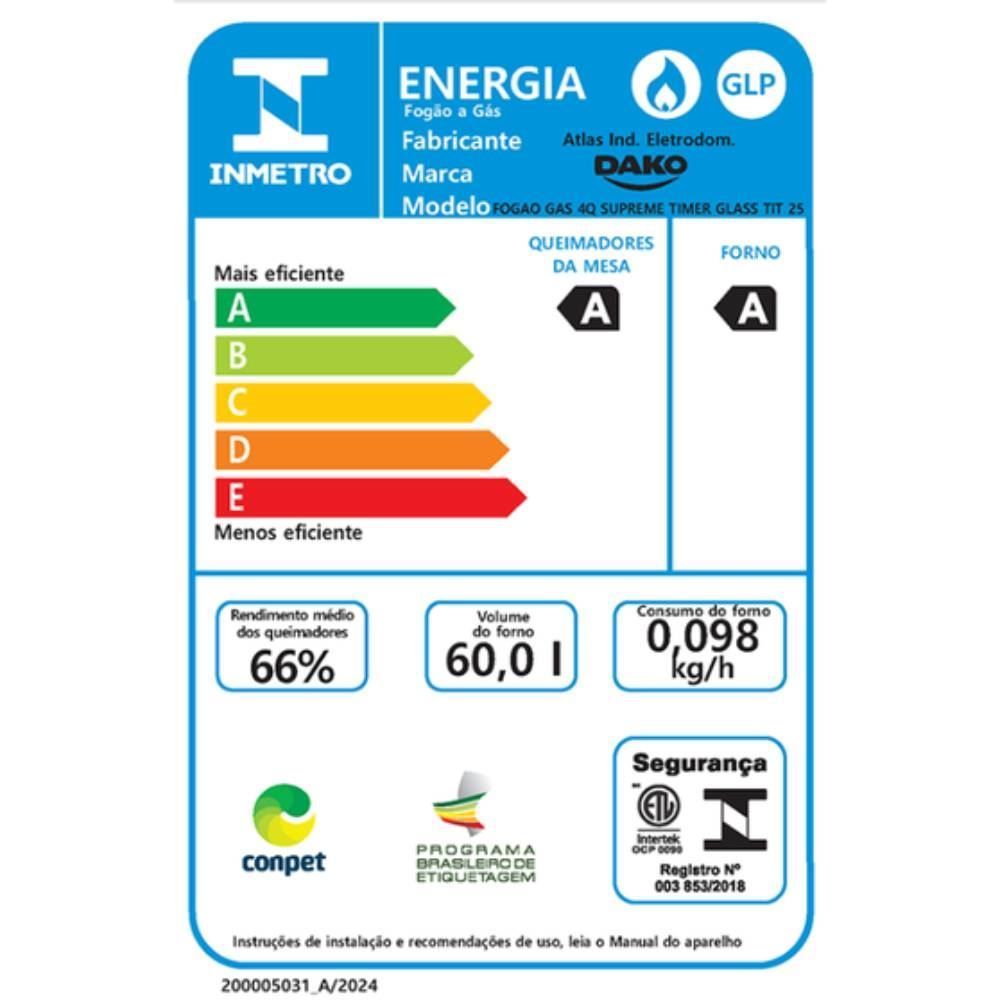 Fogão De Piso 4 Bocas Titanium Supreme Timer Glass Dako - Bivolt