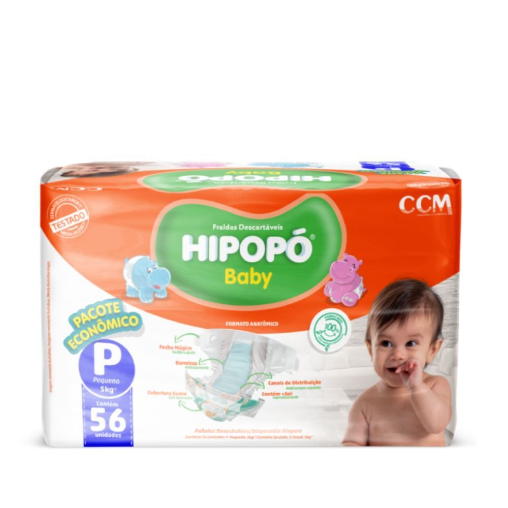 Fraldas Descartáveis Pacote Econômico P Hipopó Baby  - 56 unidades