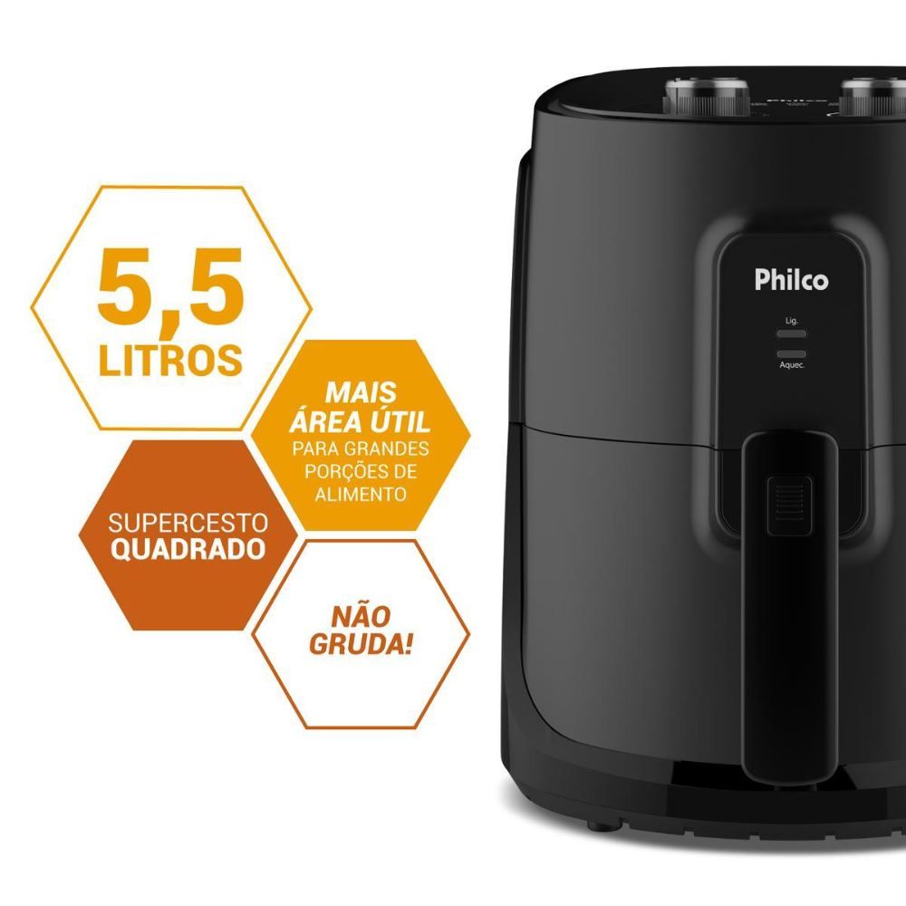 Fritadeira Air Fryer Philco 5,5L 1500W PAF55A Cesto Quadrado