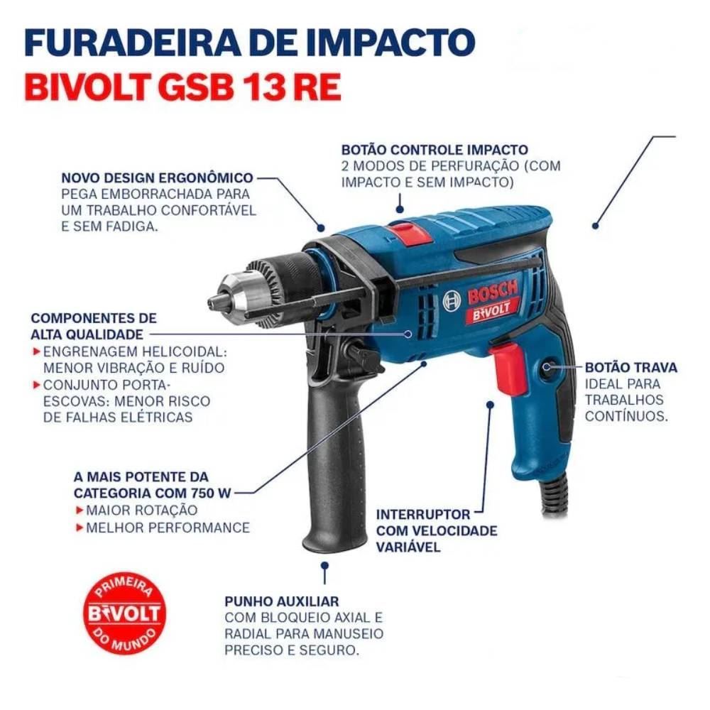 Furadeira De Impacto Bosch Gsb 13 Re 750W - Bivolt