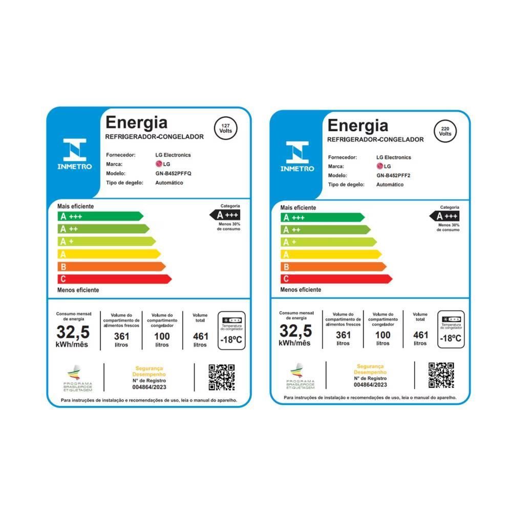 Geladeira LG Frost Free Inverter 461L Duplex Cor Inox Look GN-B452PFF