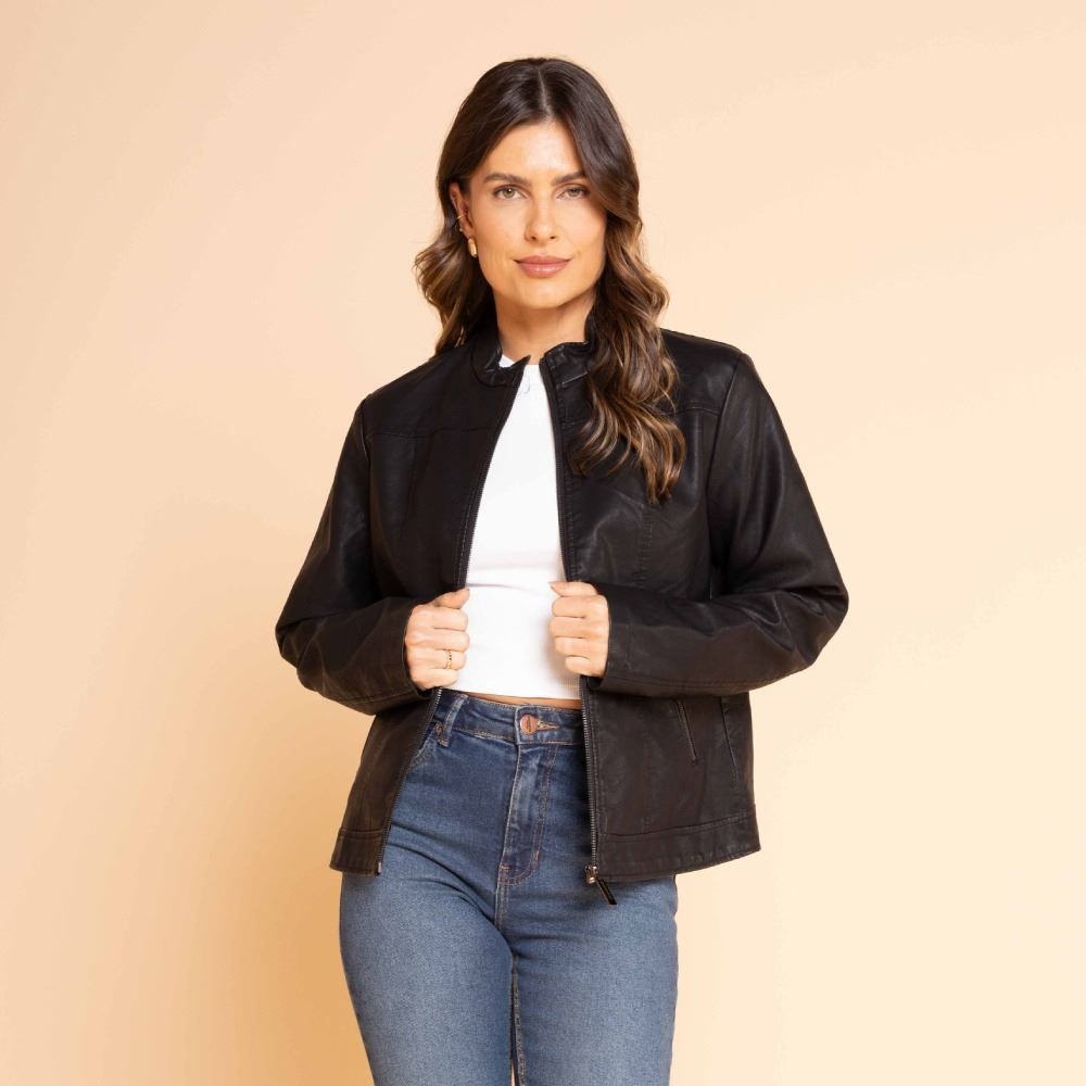 Jaqueta Feminina De Couro Sintético Com Gola Redonda Patricia Foster