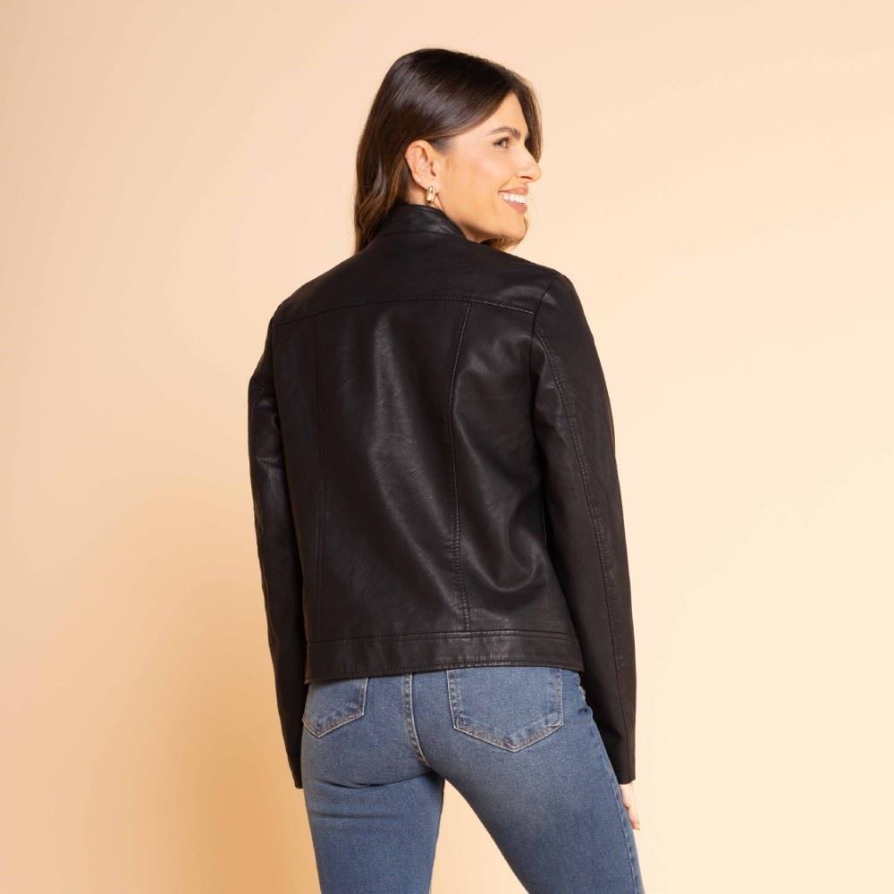 Jaqueta Feminina De Couro Sintético Com Gola Redonda Patricia Foster