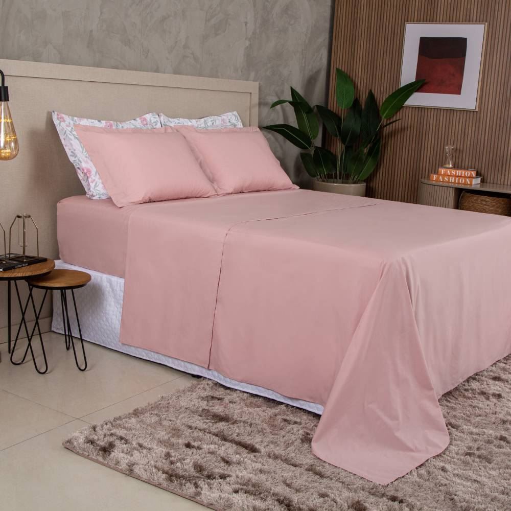 Jogo De Cama King Percal 100% Algodão Buona Fortuna  4 Pçs - Rosa Velho
