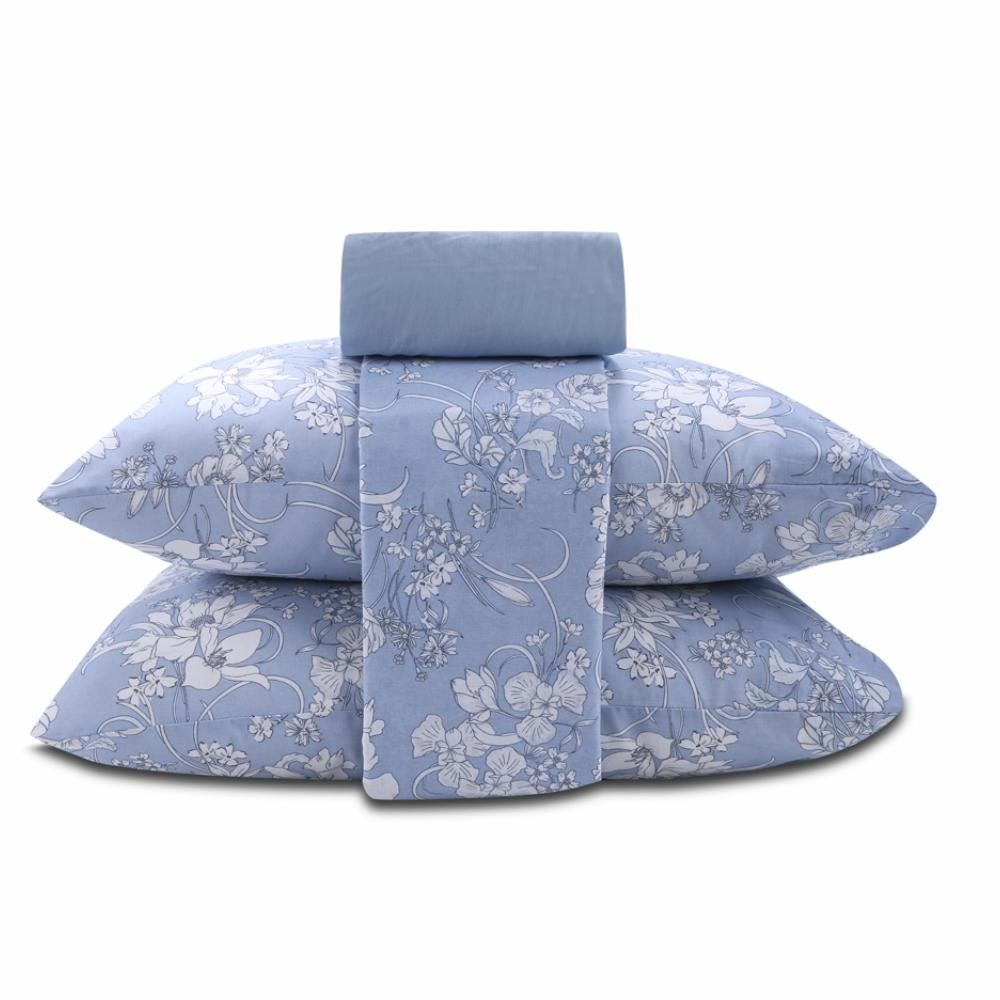 Jogo De Cama Queen 100% Algodão Royale 4 Peças - Laila Azul