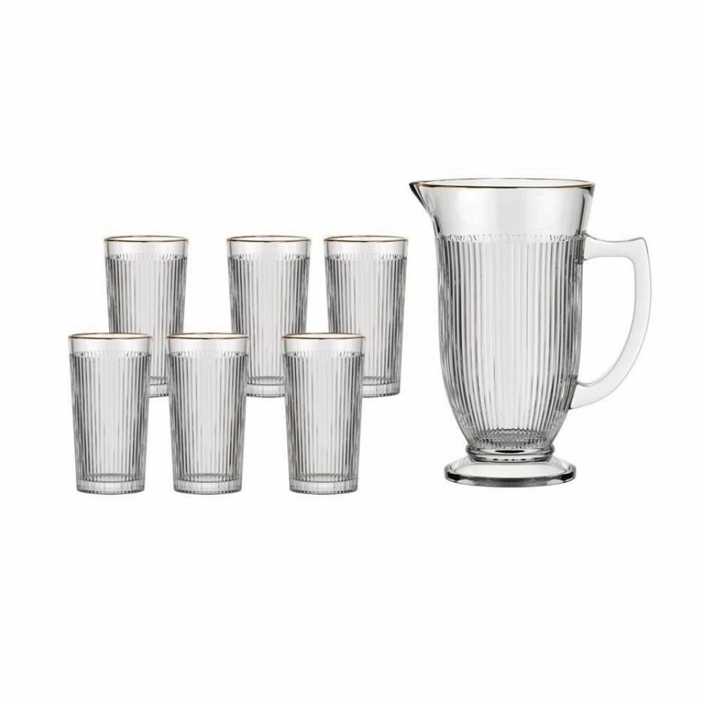 Jogo De Jarra Com Copos Lila Filete Dourado Hauskraft - 7 Peças