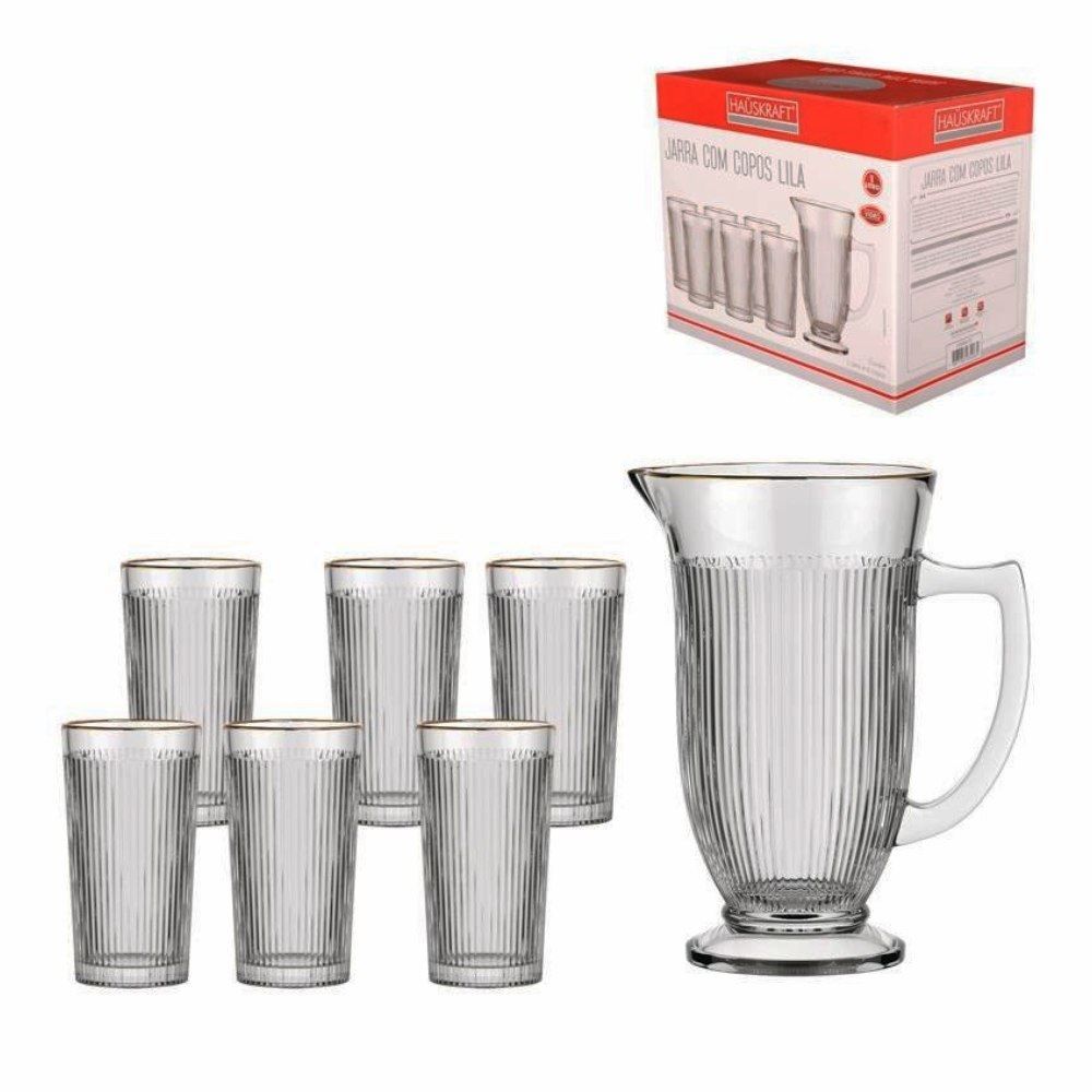 Jogo De Jarra Com Copos Lila Filete Dourado Hauskraft - 7 Peças