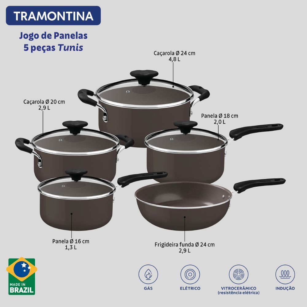 Jogo De Panelas Alumínio Indução Tunis Tramontina 5 Peças - Marrom
