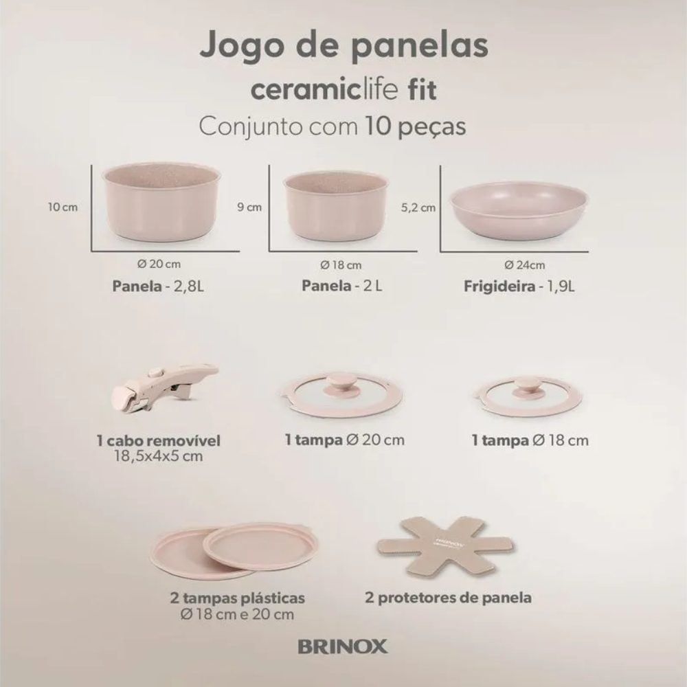 Jogo De Panelas Com Cabo Removível Fit 10 Peças Brinox - Areia