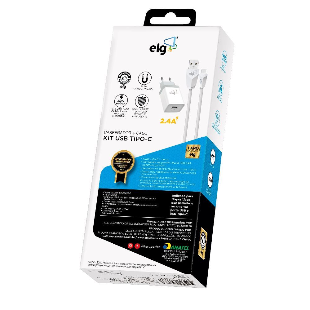 Kit Carregador Parede Tipo C Branco Elg Recarga E Sincronização