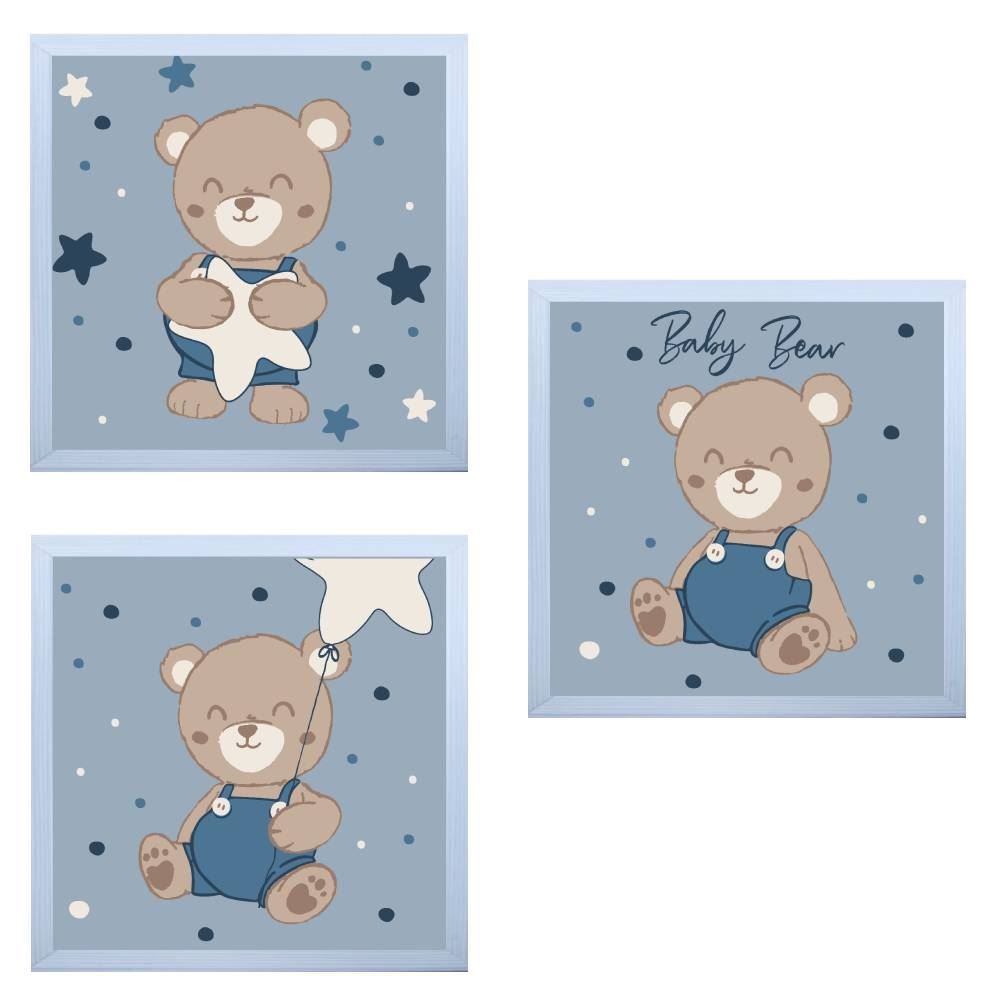 Kit De Quadros Decor Baby 3 Peças - Teddy Azul