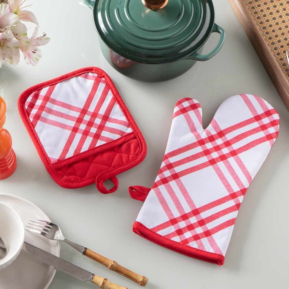 Kit Luva E Pegador De Panelas Jolitex - Xadrez Vermelho