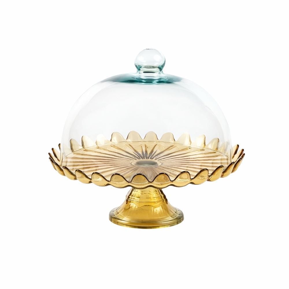 Prato De Bolo Com Pé E Tampa Pétalas De Jasmin Vitazza - Âmbar