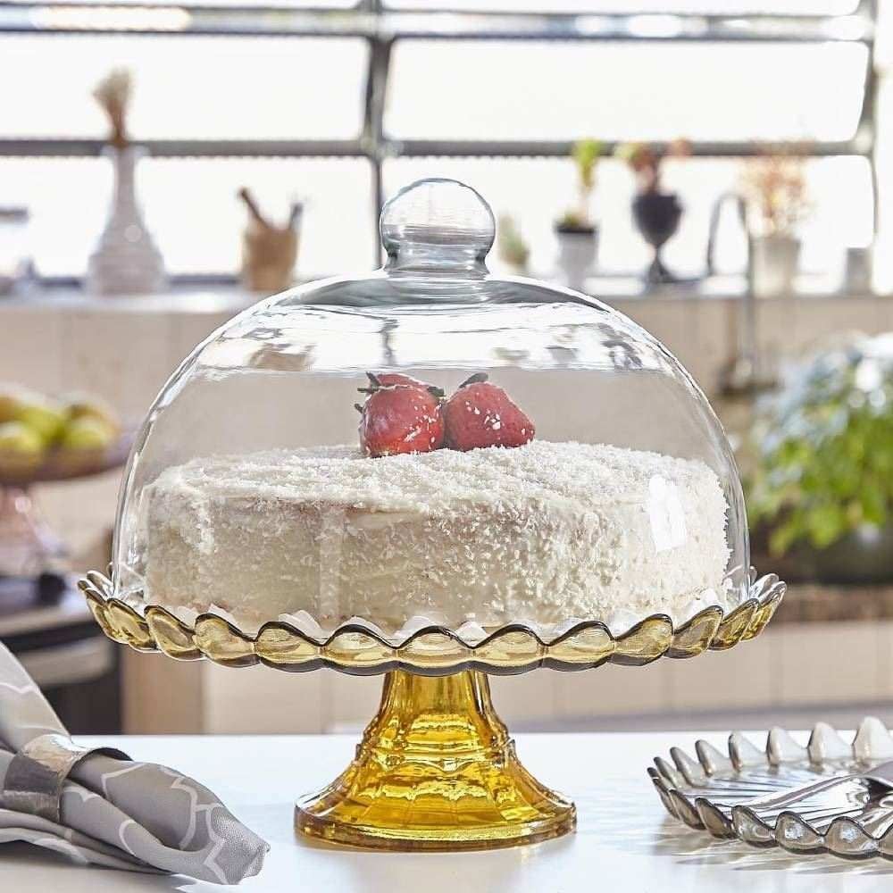 Prato De Bolo Com Pé E Tampa Pétalas De Jasmin Vitazza - Âmbar