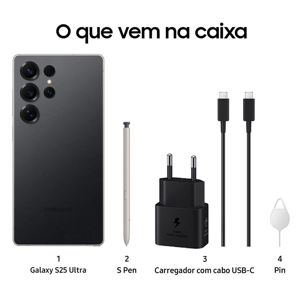 Samsung Galaxy S25 Ultra 5G, 256Gb, 12Gb, Câmera Quádrupla - PRETO