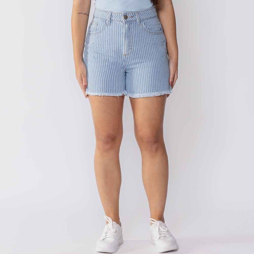 Short Jeans Feminino Com Listras E Strass Boby Blues