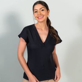 Blusa Canelada Feminina Manga Curta Decote V Poliamida