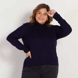 Blusa Plus Size Canelada Gola Alta Patricia Foster Mais Azul Marinho