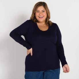 Blusa Plus Size Decote Redondo Viscose Patrícia Foster Mais Azul Marinho