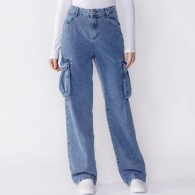 Calça Feminina Wide Leg Cargo Boby Blues Azul Medio