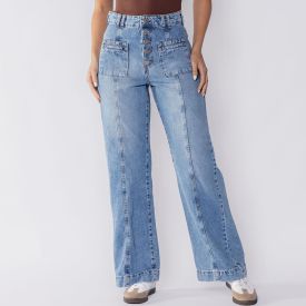 Calça Wide Leg Jeans Feminina Com Bolso Na Frente Boby Blues Azul Medio