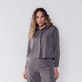 Camisa Feminina Cropped De Alfaiataria Patrícia Foster Dark Melange